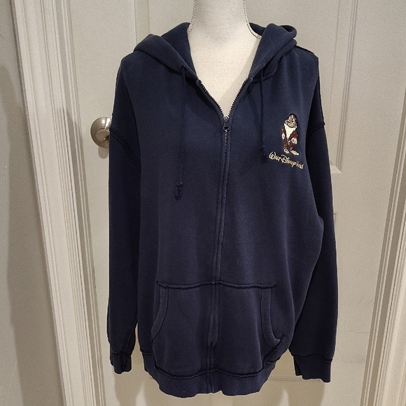 Disney Parks Navy up Up Sweatshirt Hooded Jacket Size Large Grumpy Dwarf Logo - Picture 1 of 9